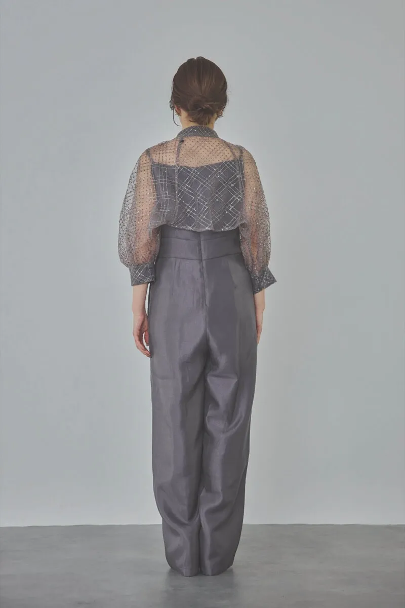 ブルーグレーのパフスリーブボレロオールインワンドレス