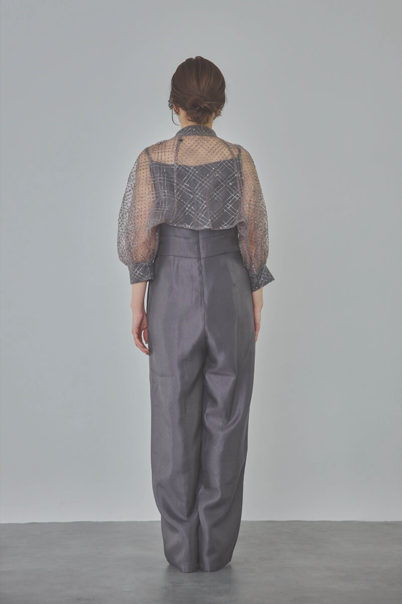 ブルーグレーのパフスリーブボレロオールインワンドレス