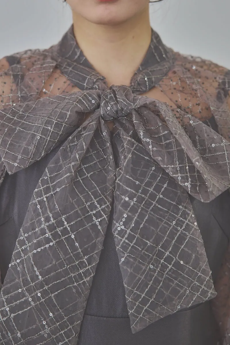 ブルーグレーのパフスリーブボレロオールインワンドレス