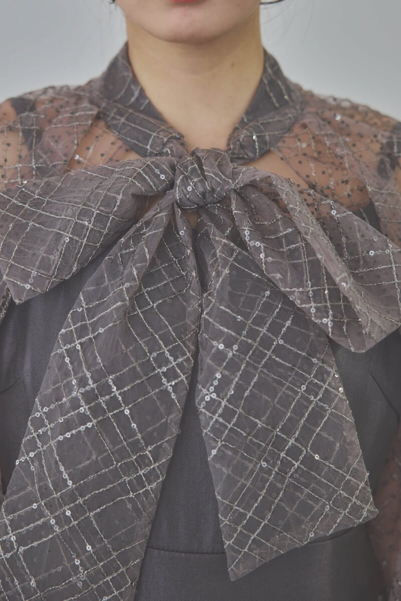 ブルーグレーのパフスリーブボレロオールインワンドレス