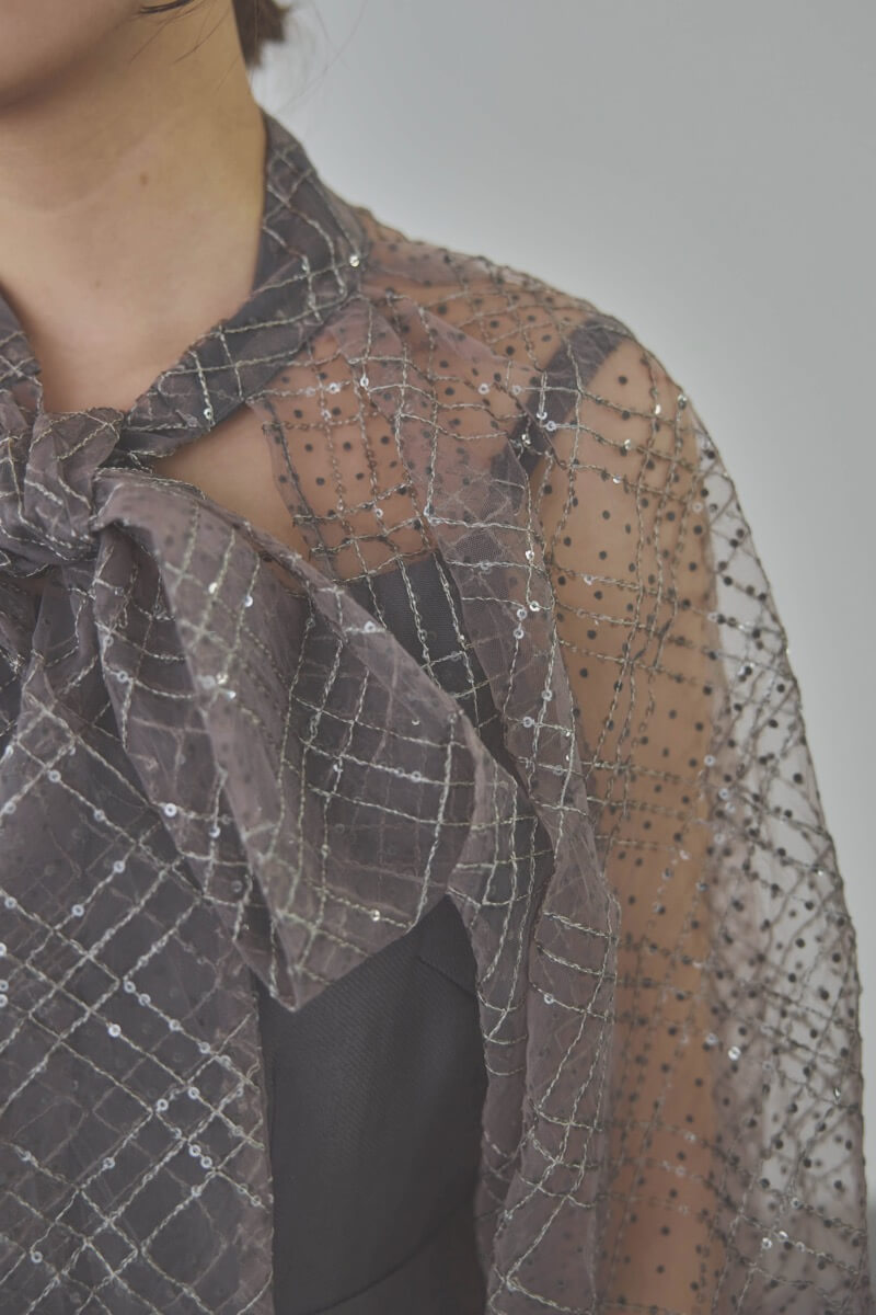 ブルーグレーのパフスリーブボレロオールインワンドレス