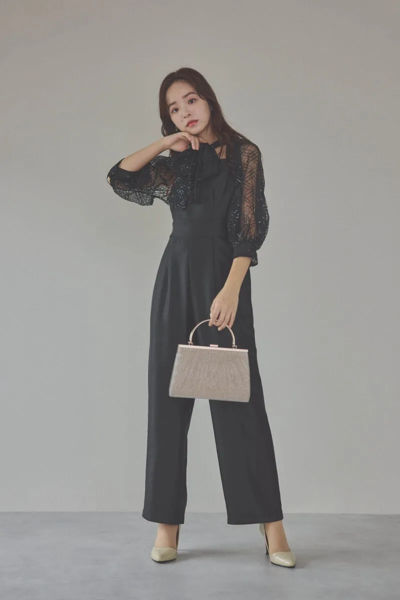 ブラックのパフスリーブボレロオールインワンドレス