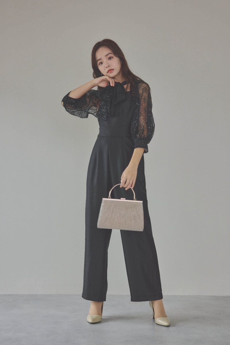 ブラックのパフスリーブボレロオールインワンドレス