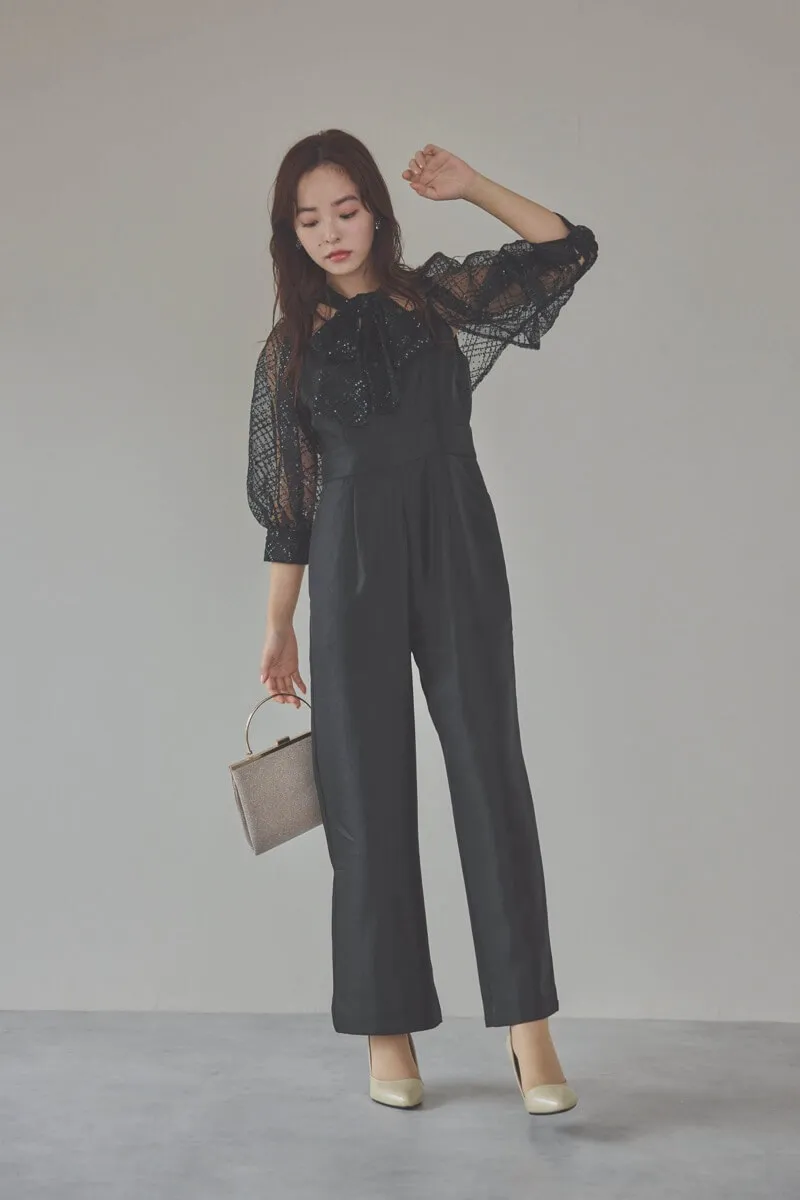 ブラックのパフスリーブボレロオールインワンドレス