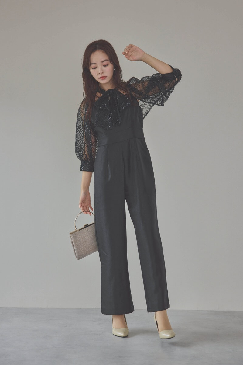 ブラックのパフスリーブボレロオールインワンドレス