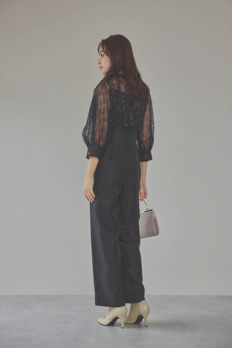 ブラックのパフスリーブボレロオールインワンドレス