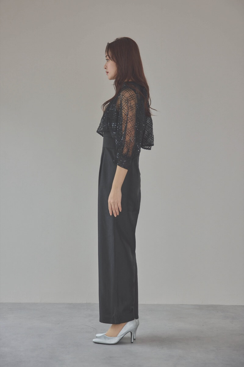 ブラックのパフスリーブボレロオールインワンドレス