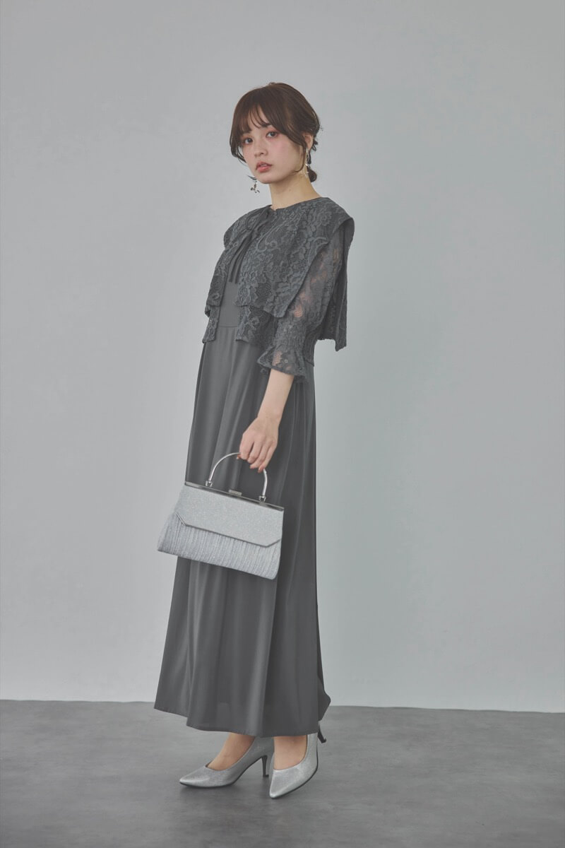 チャコールグレーのレースボレロセットキャミソールドレス