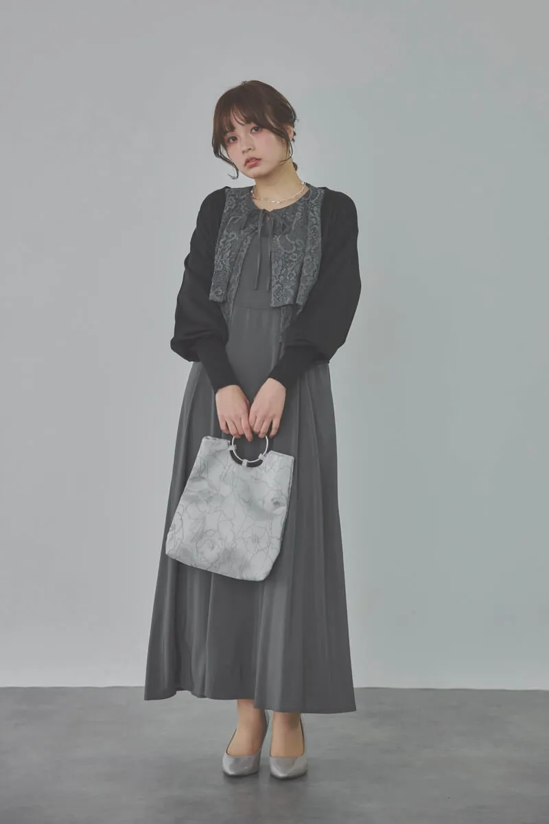 チャコールグレーのレースボレロセットキャミソールドレス