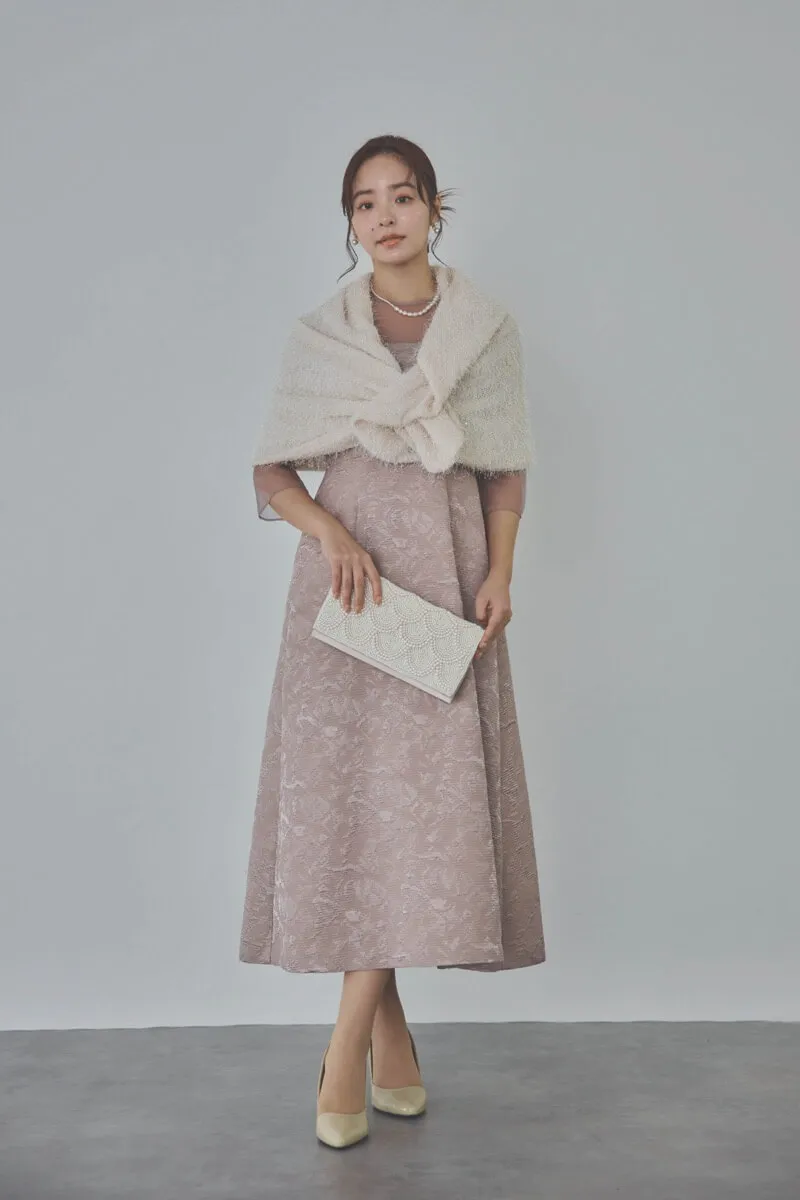 ダスティピンクのリボンモチーフジャガードドレス