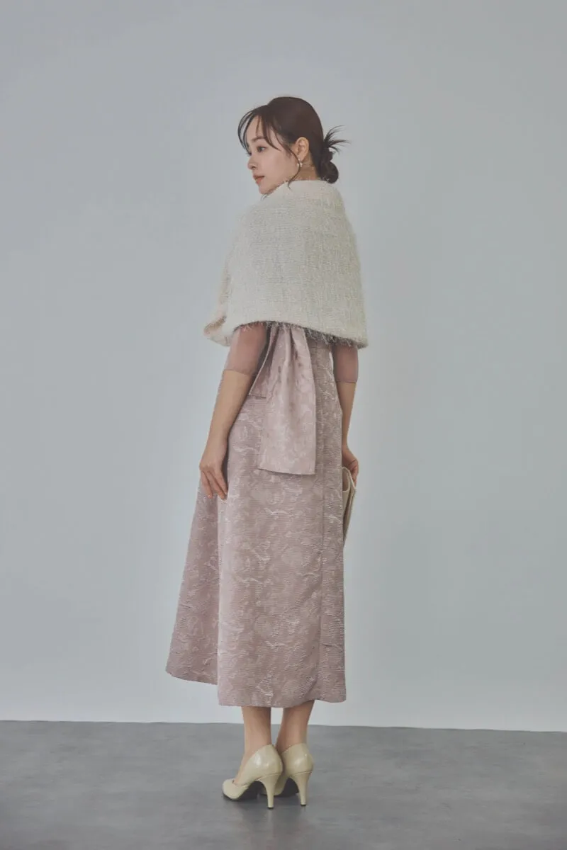 ダスティピンクのリボンモチーフジャガードドレス