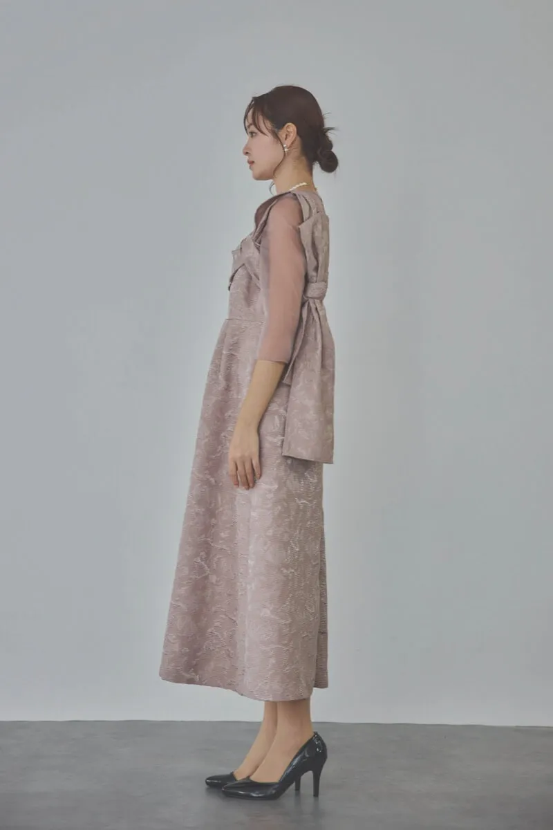 ダスティピンクのリボンモチーフジャガードドレス