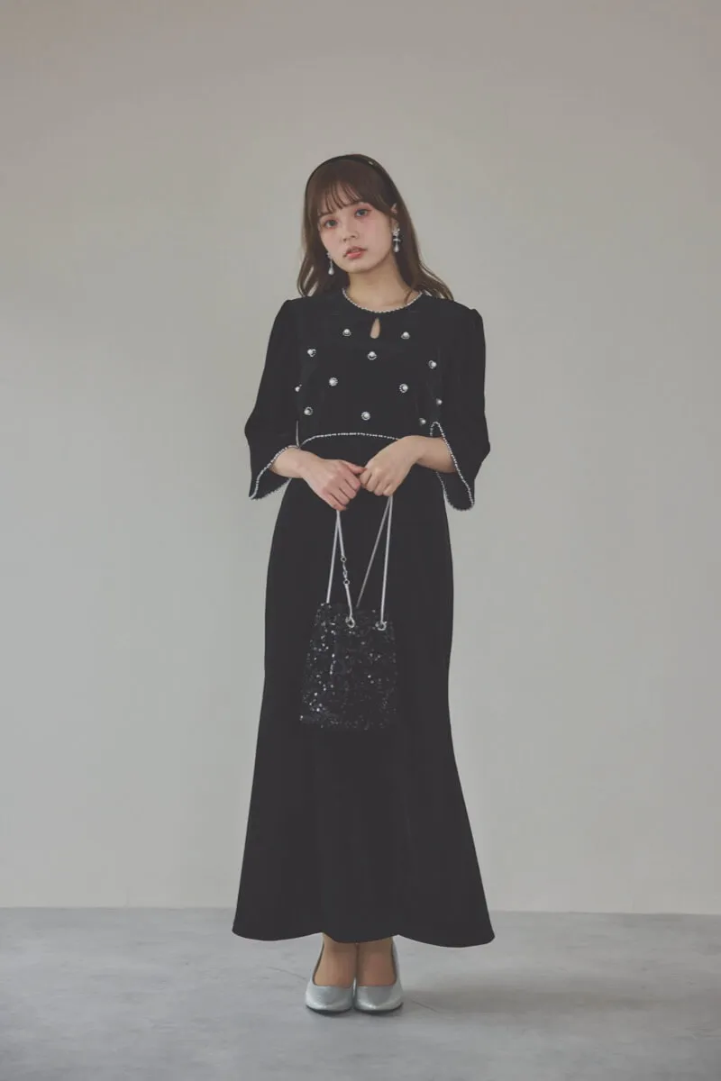 ブラックのヴィンテージビジューパール付きベロア風ドレス