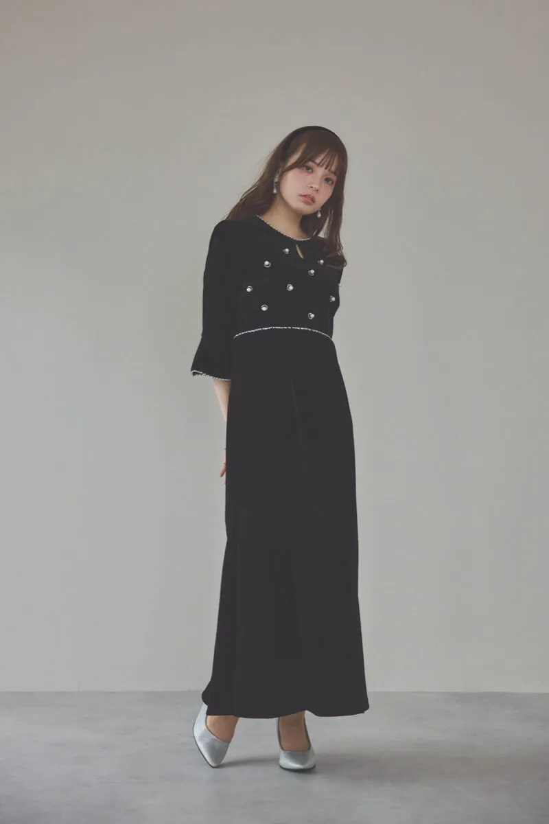 ブラックのヴィンテージビジューパール付きベロア風ドレス