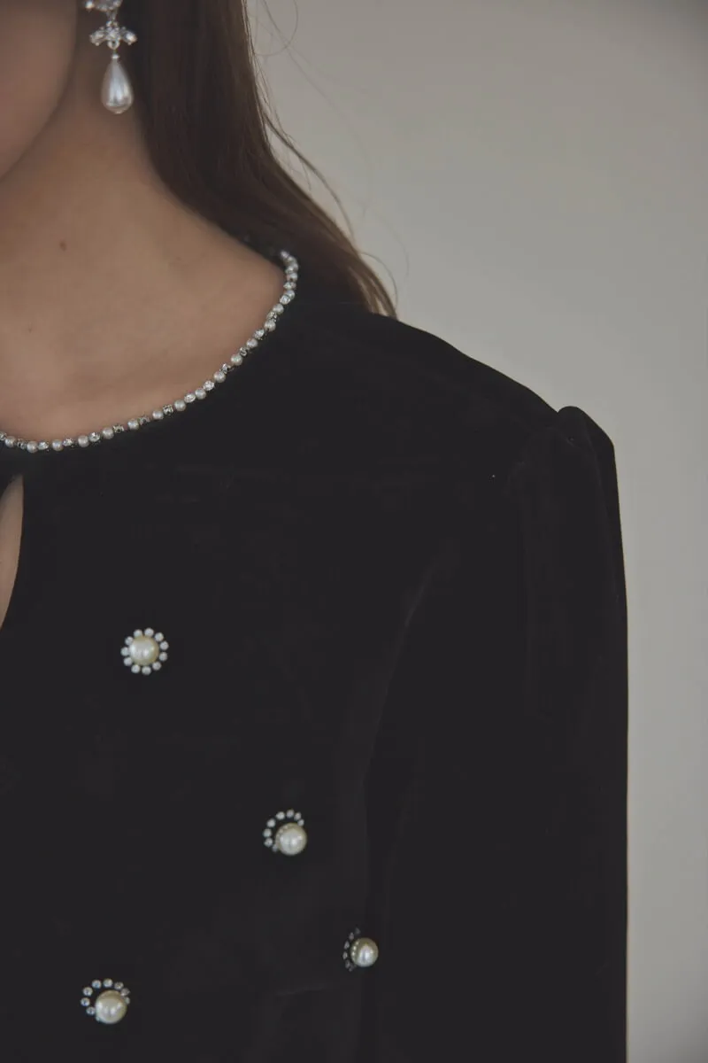 ブラックのヴィンテージビジューパール付きベロア風ドレス