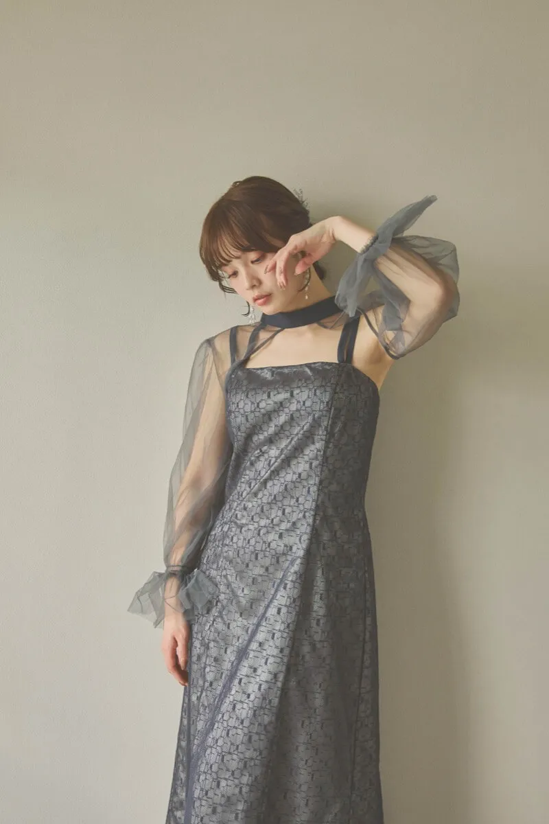 チャコールグレーのチュールボレロ幾何学レースドレス