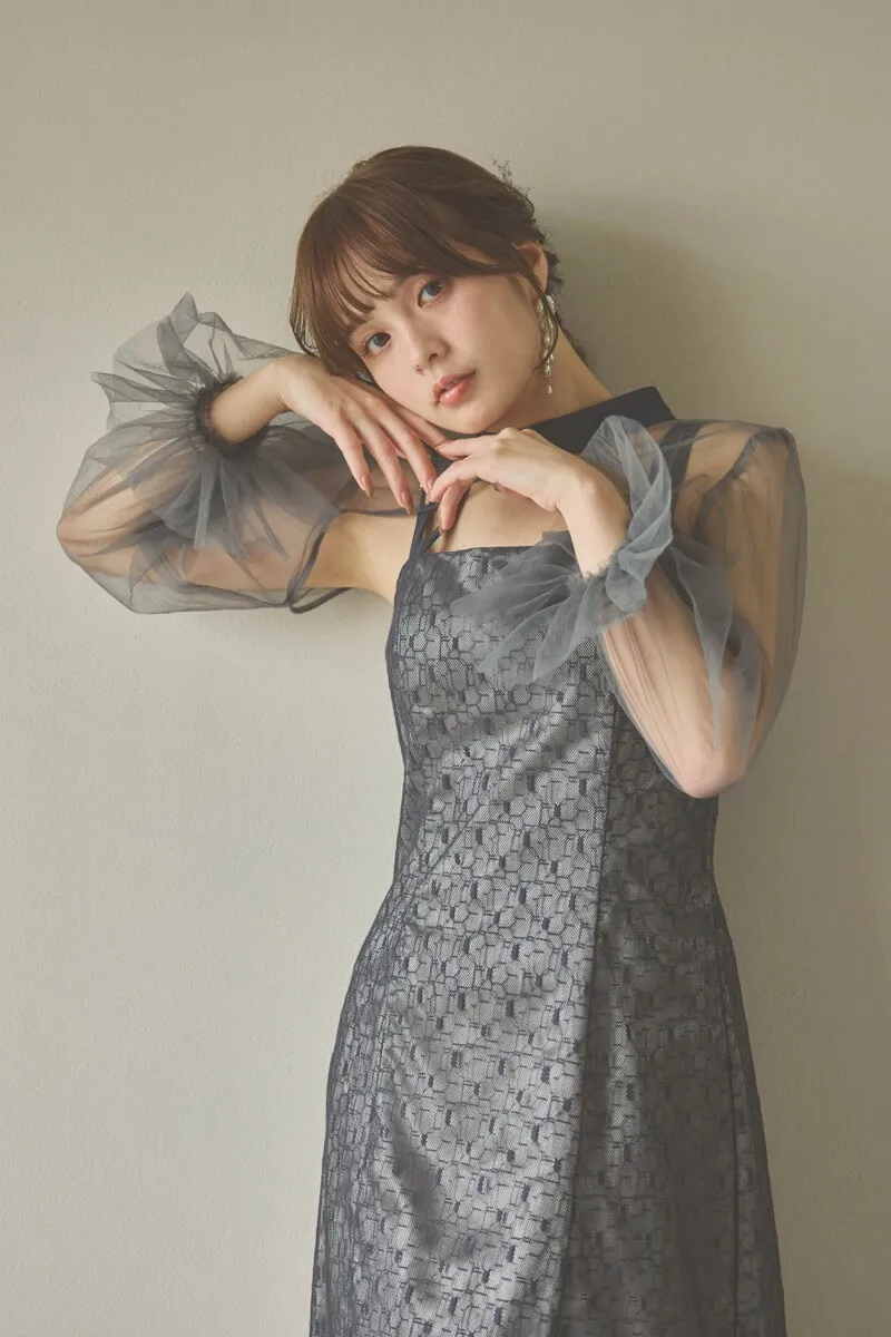 チャコールグレーのチュールボレロ幾何学レースドレス