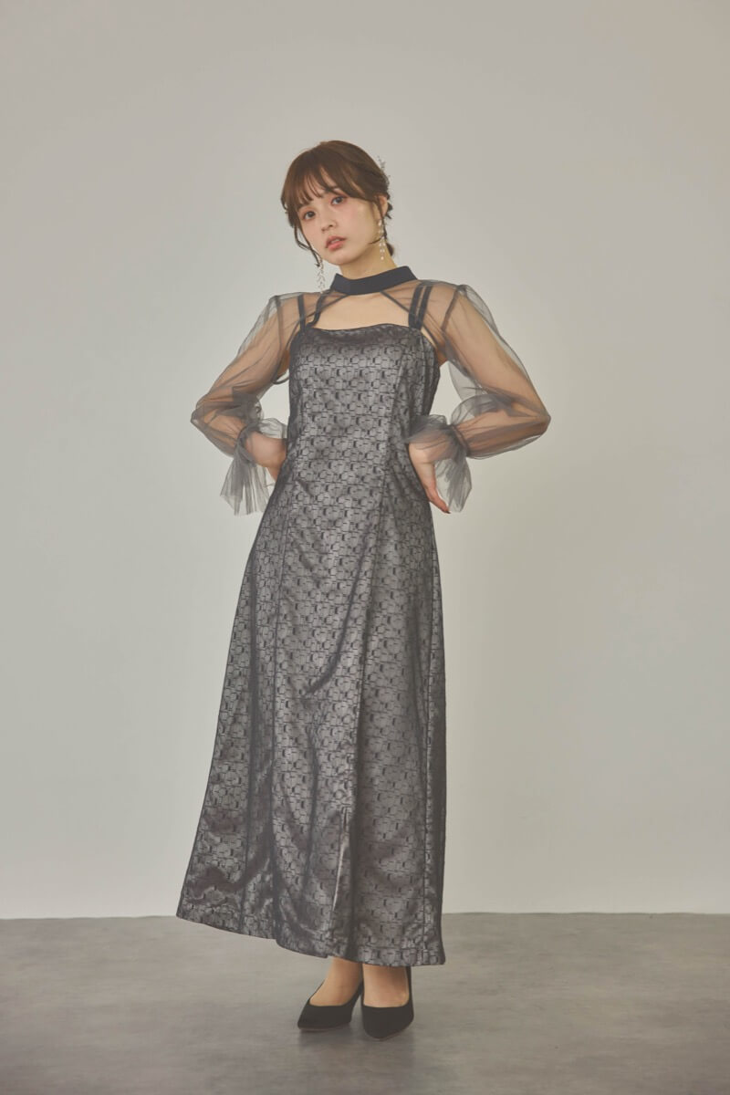 チャコールグレーのチュールボレロ幾何学レースドレス