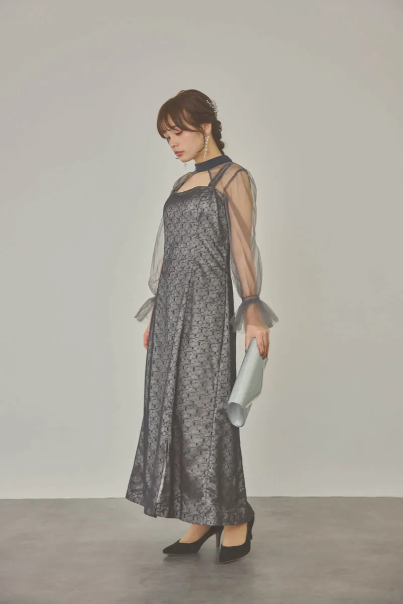 チャコールグレーのチュールボレロ幾何学レースドレス