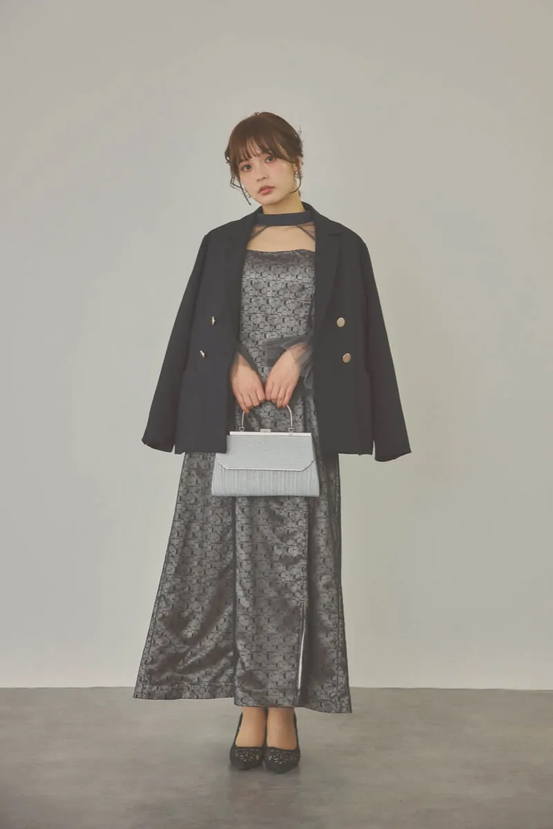 チャコールグレーのチュールボレロ幾何学レースドレス