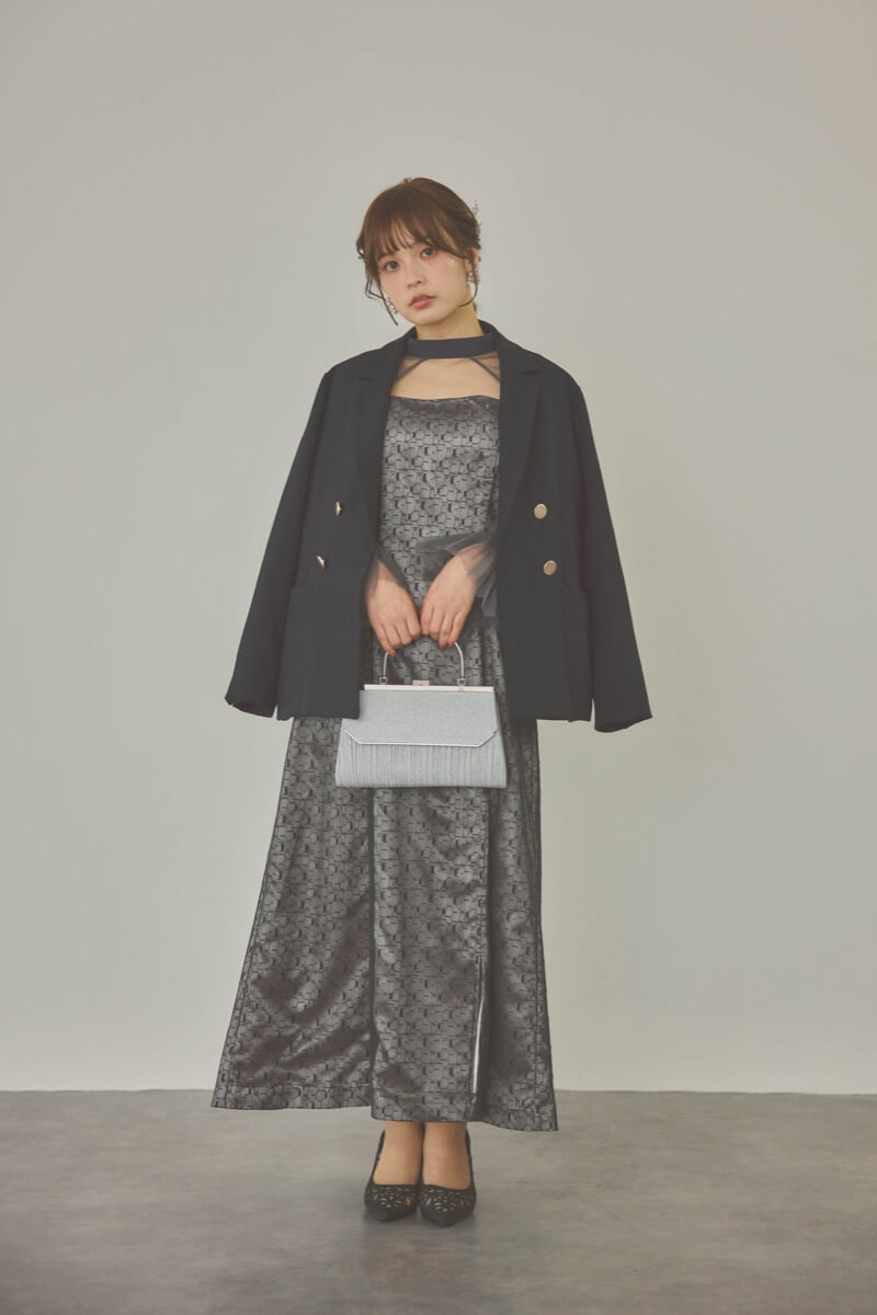 チャコールグレーのチュールボレロ幾何学レースドレス