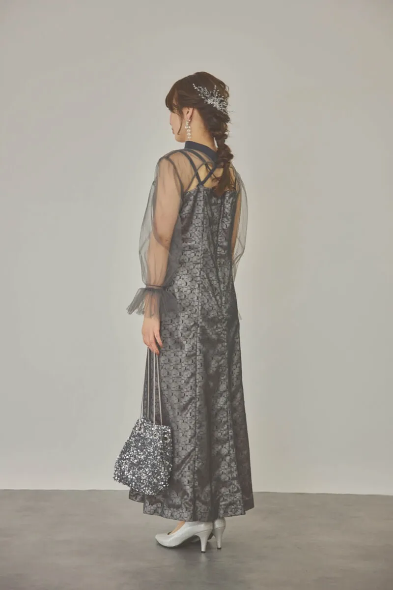 チャコールグレーのチュールボレロ幾何学レースドレス