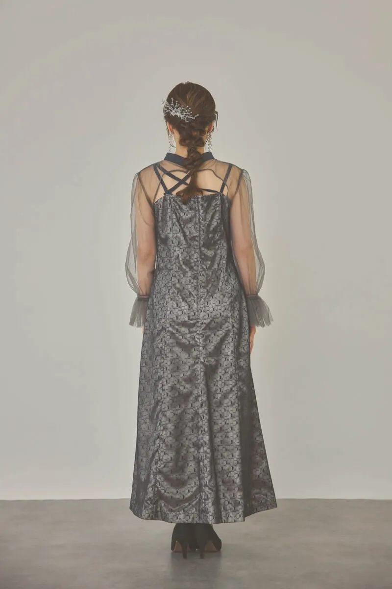 チャコールグレーのチュールボレロ幾何学レースドレス