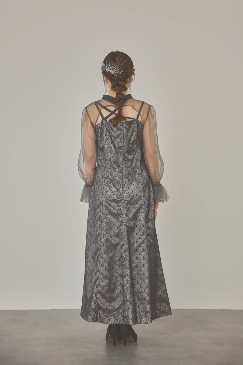 チャコールグレーのチュールボレロ幾何学レースドレス