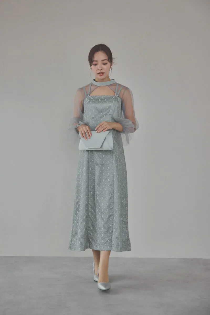 グレーのチュールボレロ幾何学レースドレス