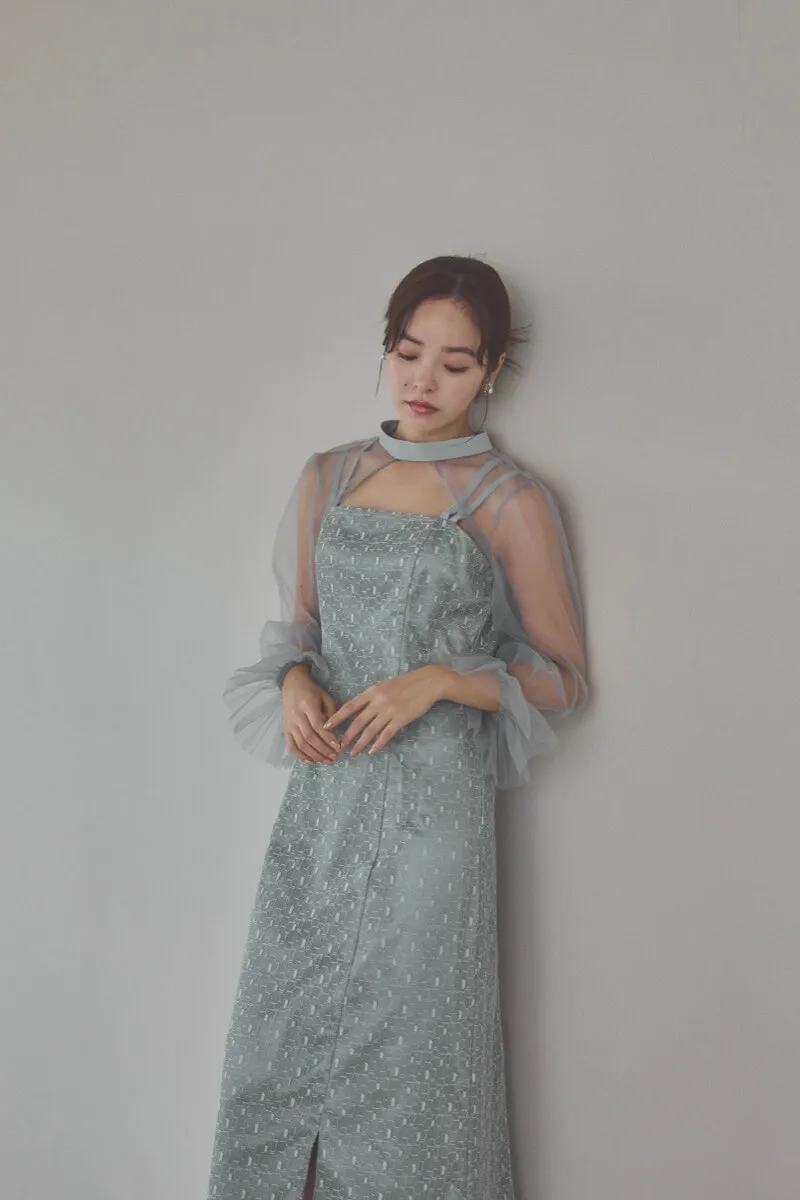 グレーのチュールボレロ幾何学レースドレス