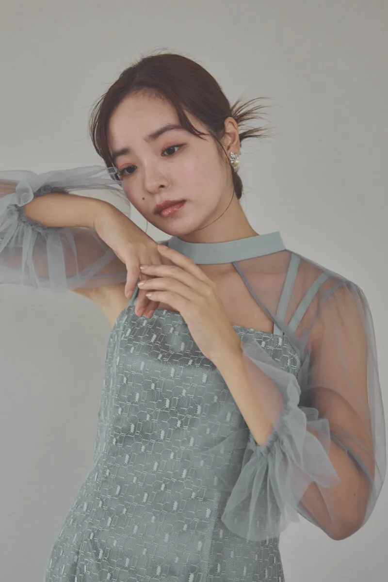 グレーのチュールボレロ幾何学レースドレス