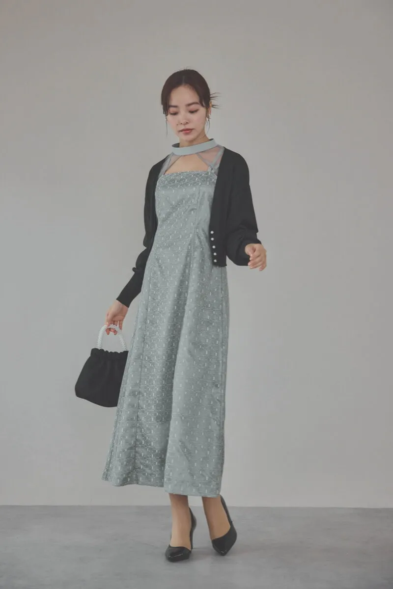 グレーのチュールボレロ幾何学レースドレス
