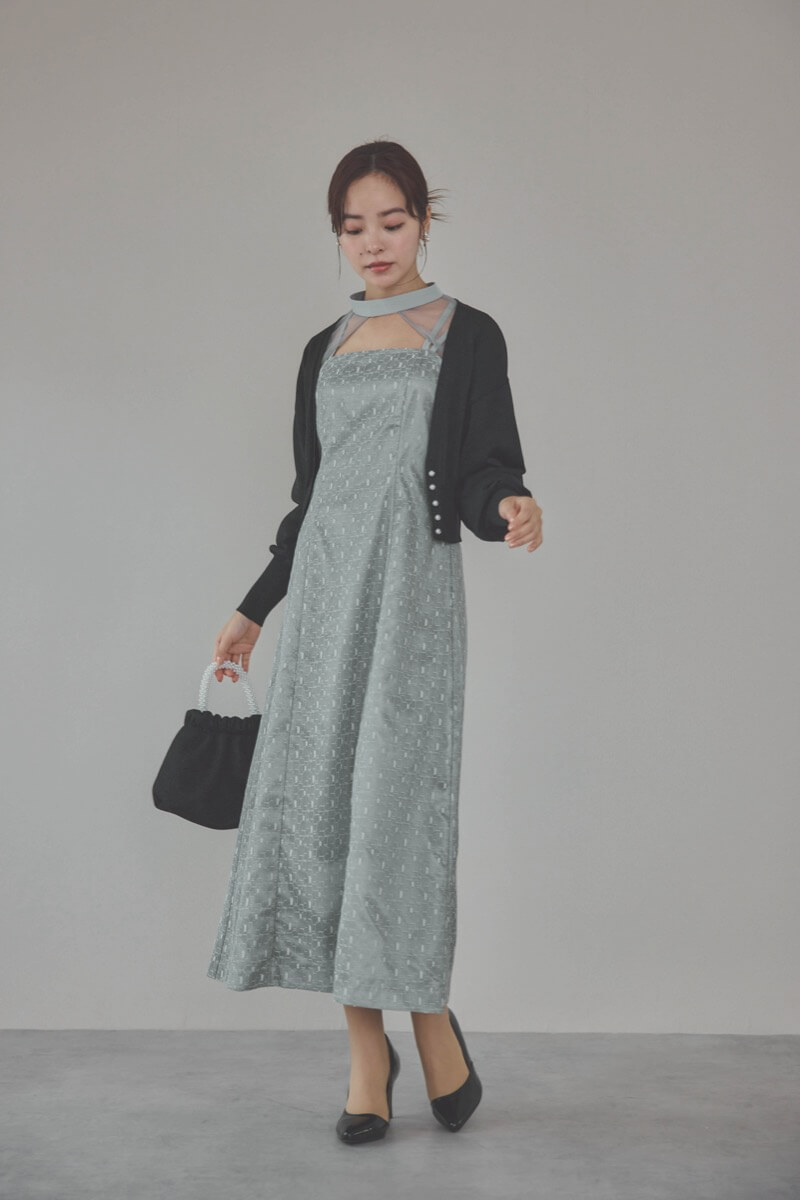 グレーのチュールボレロ幾何学レースドレス