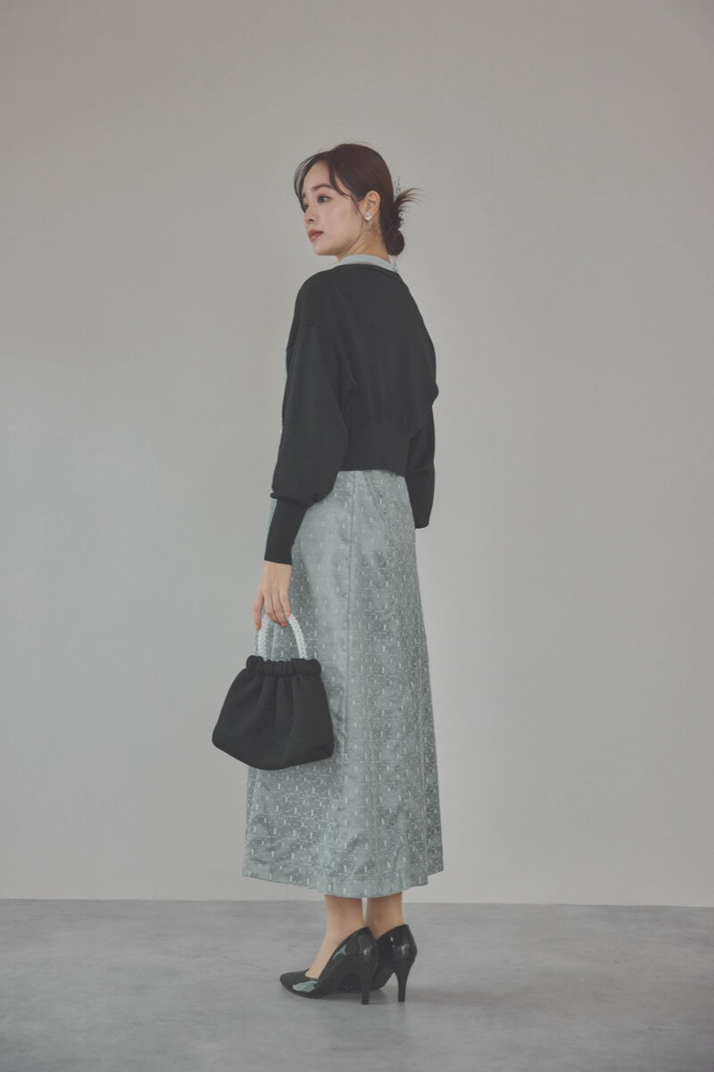 グレーのチュールボレロ幾何学レースドレス