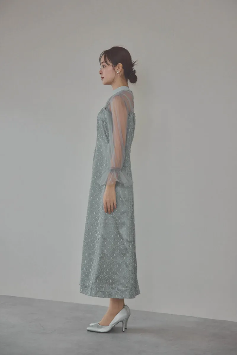 グレーのチュールボレロ幾何学レースドレス