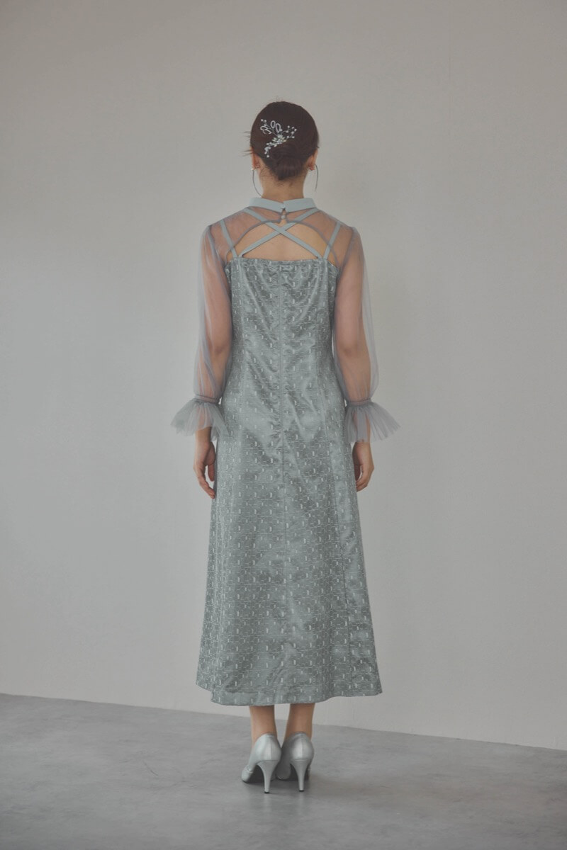 グレーのチュールボレロ幾何学レースドレス