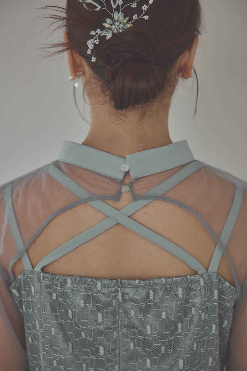 グレーのチュールボレロ幾何学レースドレス