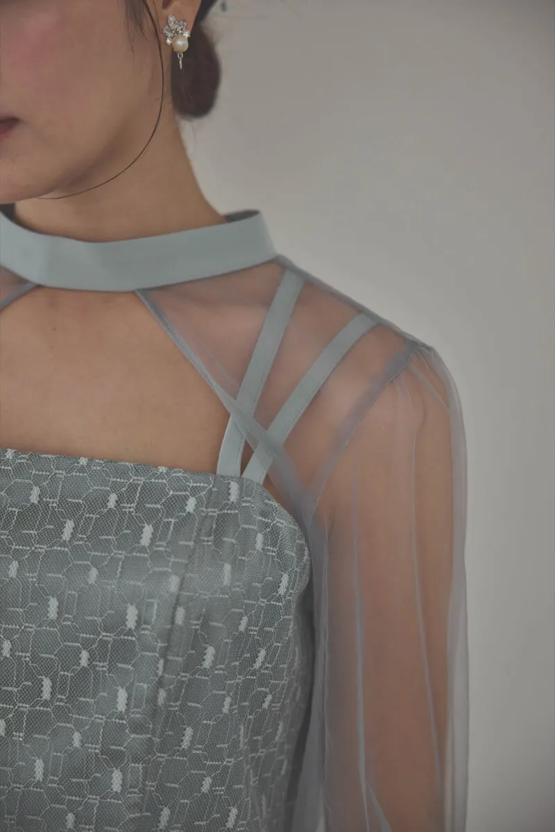 グレーのチュールボレロ幾何学レースドレス