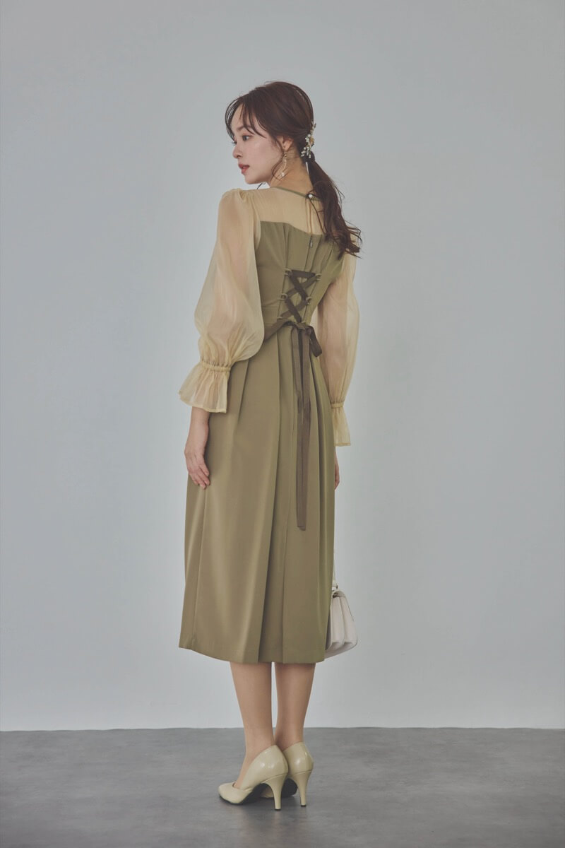 カーキのビスチェデザインコクーンドレス