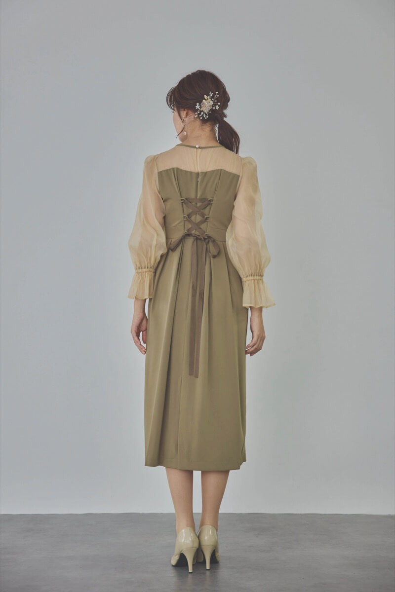 カーキのビスチェデザインコクーンドレス