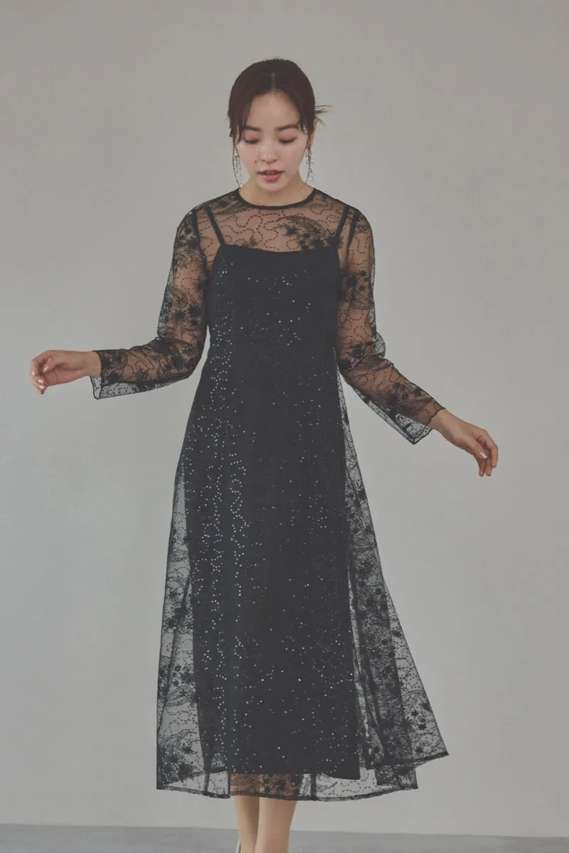 ブラックのスパンコールエンブロイダリーAラインドレス