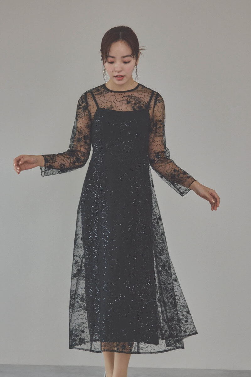 ブラックのスパンコールエンブロイダリーAラインドレス