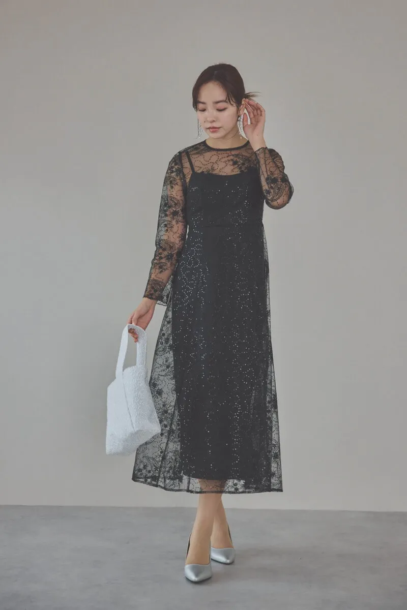 ブラックのスパンコールエンブロイダリーAラインドレス