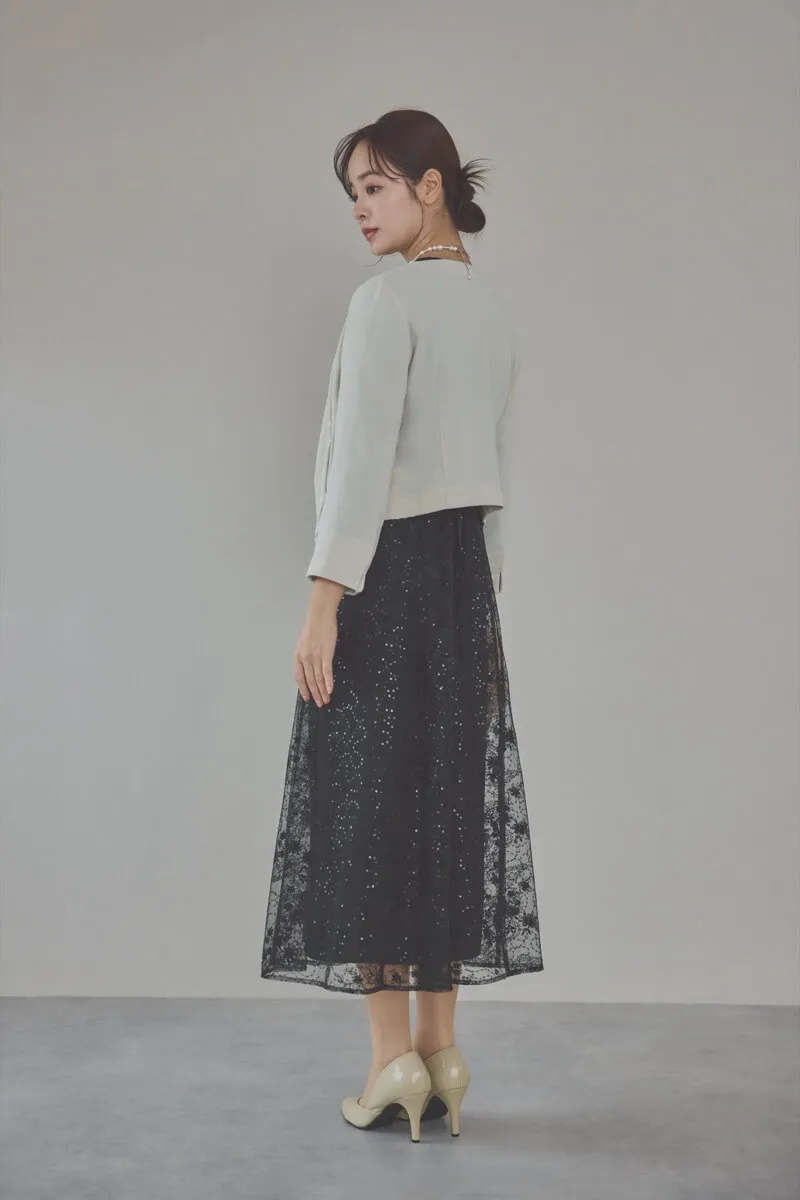 ブラックのスパンコールエンブロイダリーAラインドレス