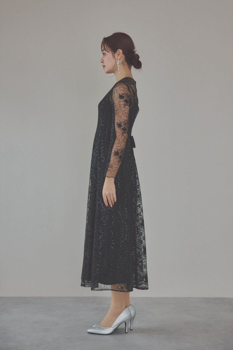 ブラックのスパンコールエンブロイダリーAラインドレス