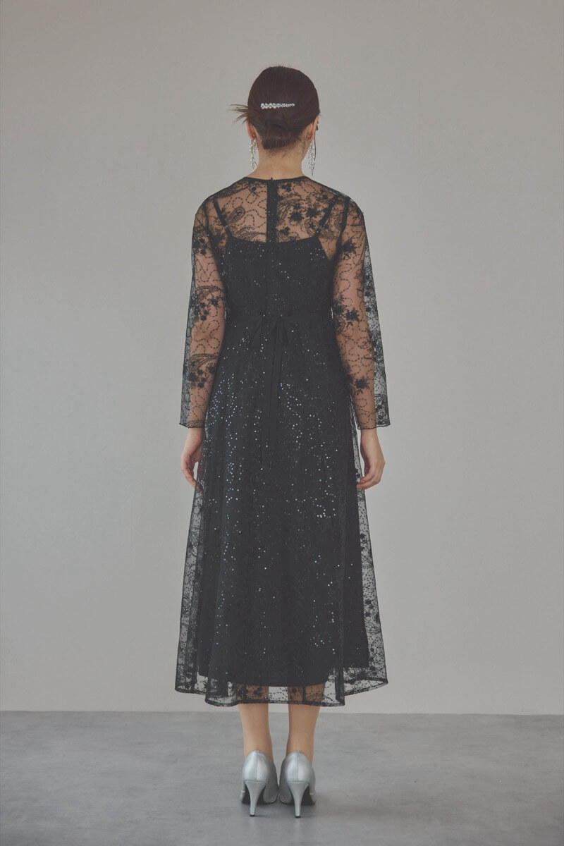 ブラックのスパンコールエンブロイダリーAラインドレス