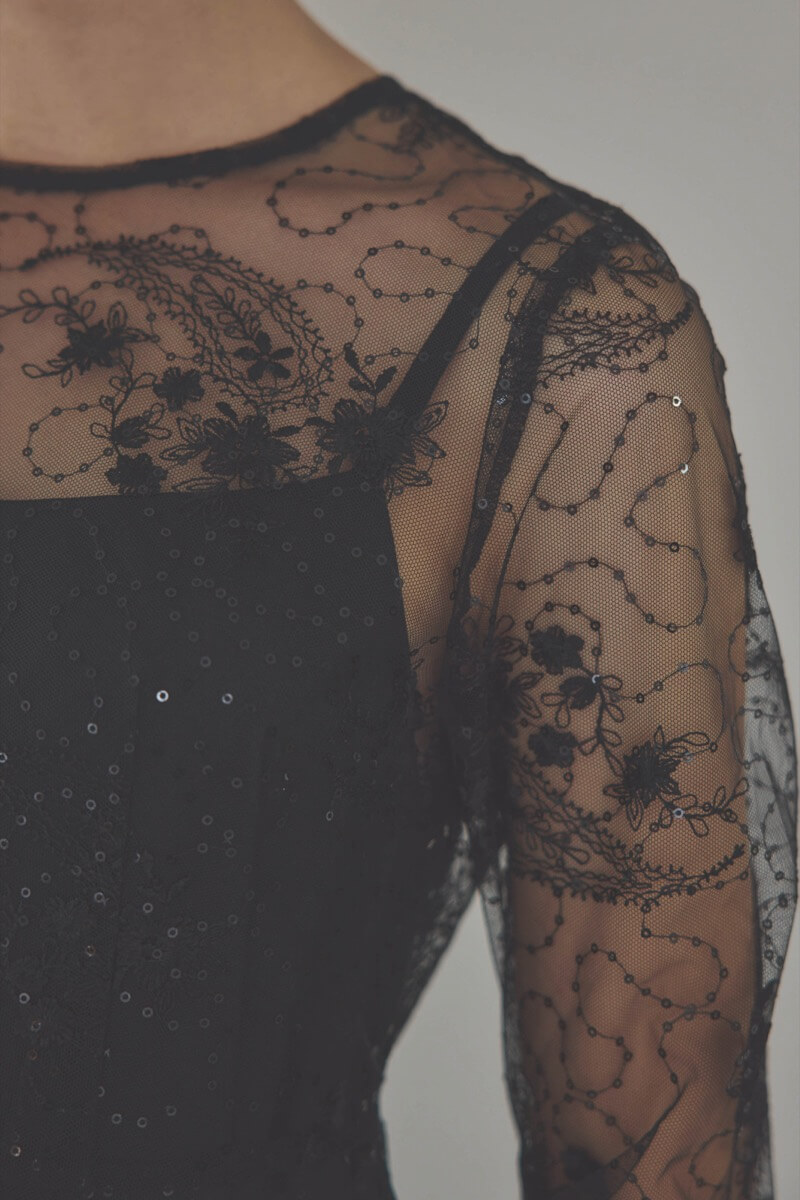 ブラックのスパンコールエンブロイダリーAラインドレス