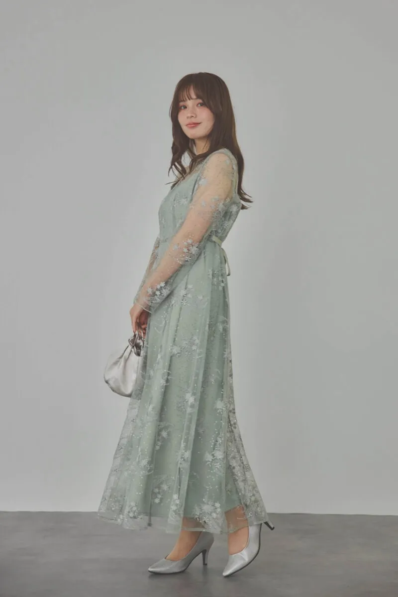 ミントのスパンコールエンブロイダリーAラインドレス