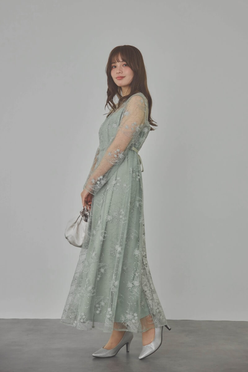 ミントのスパンコールエンブロイダリーAラインドレス