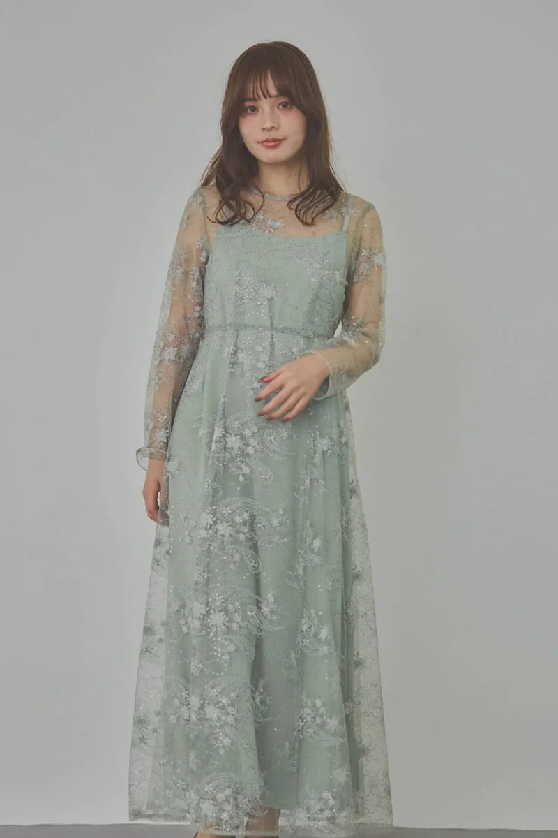 ミントのスパンコールエンブロイダリーAラインドレス